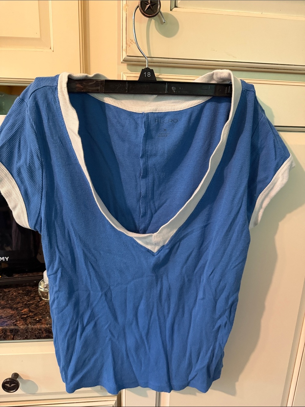 Pilcro Blue Short Sleeve V-Neck Top with White Trim